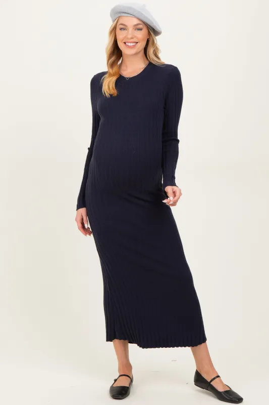 Navy Ribbed Knit Fitted Maternity Midi Sweater Dress sold by Pinkblush