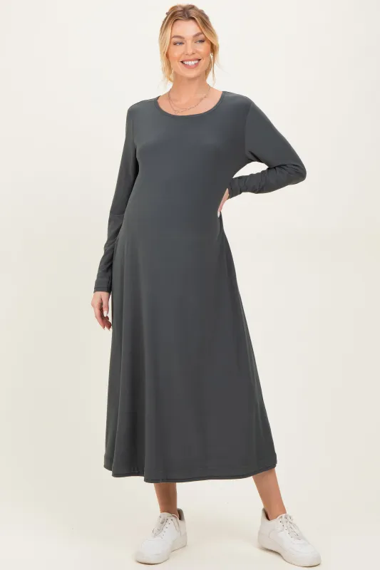 Olive Relaxed Fit Long Sleeve Basic Maternity Dress sold by Pinkblush