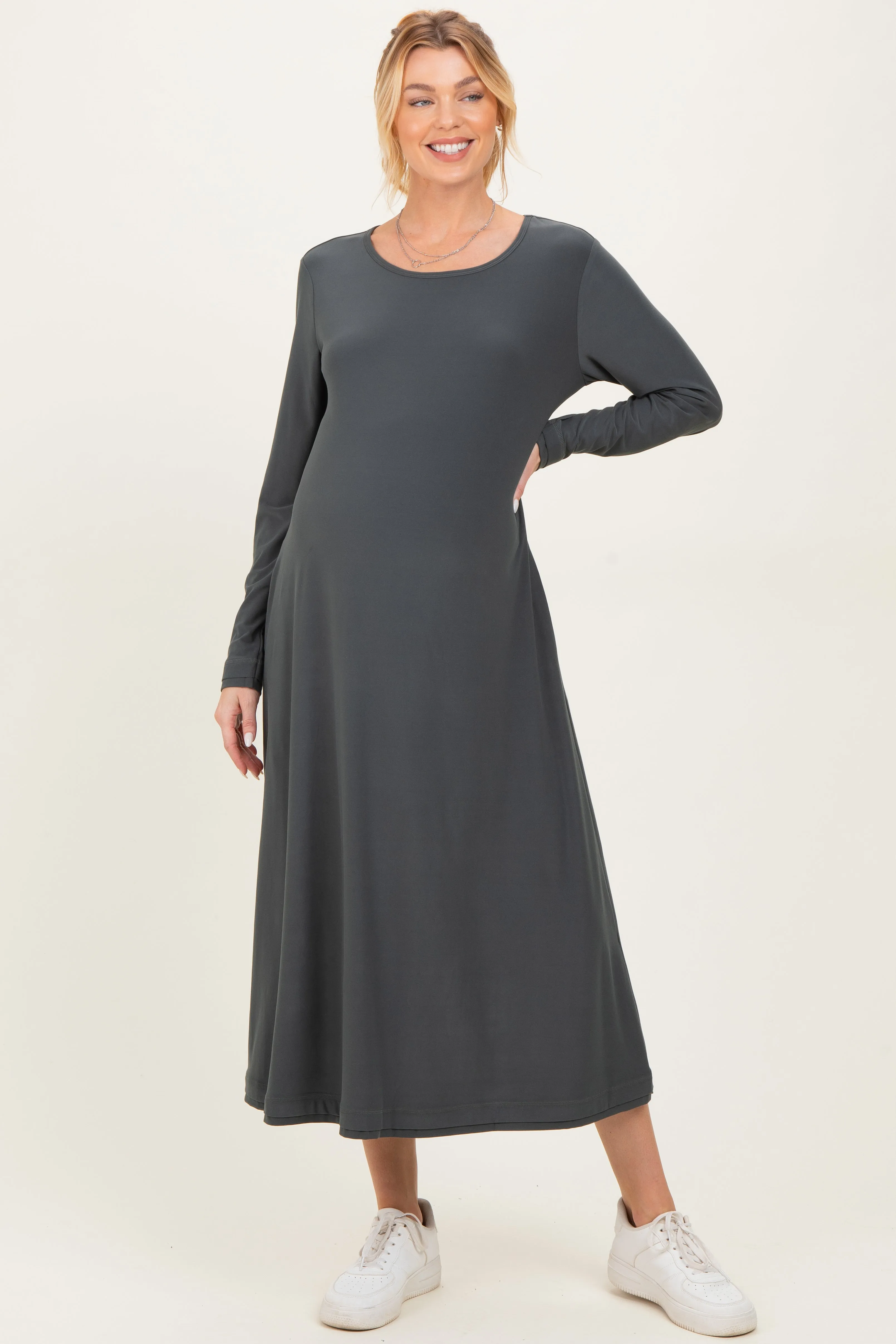Olive Relaxed Fit Long Sleeve Basic Maternity Dress sold by Pinkblush