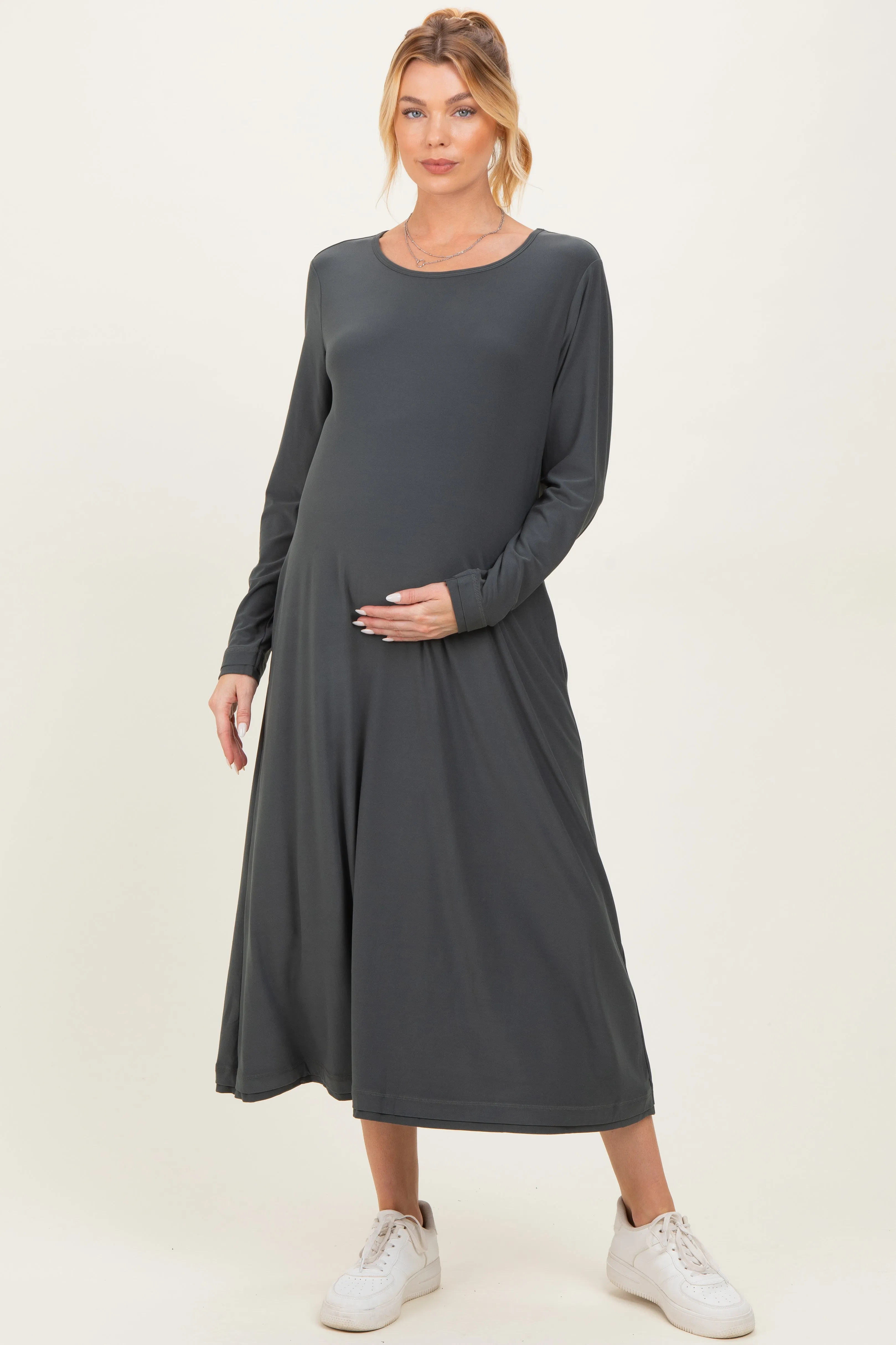 Olive Relaxed Fit Long Sleeve Basic Maternity Dress sold by Pinkblush product image thumbnail 2