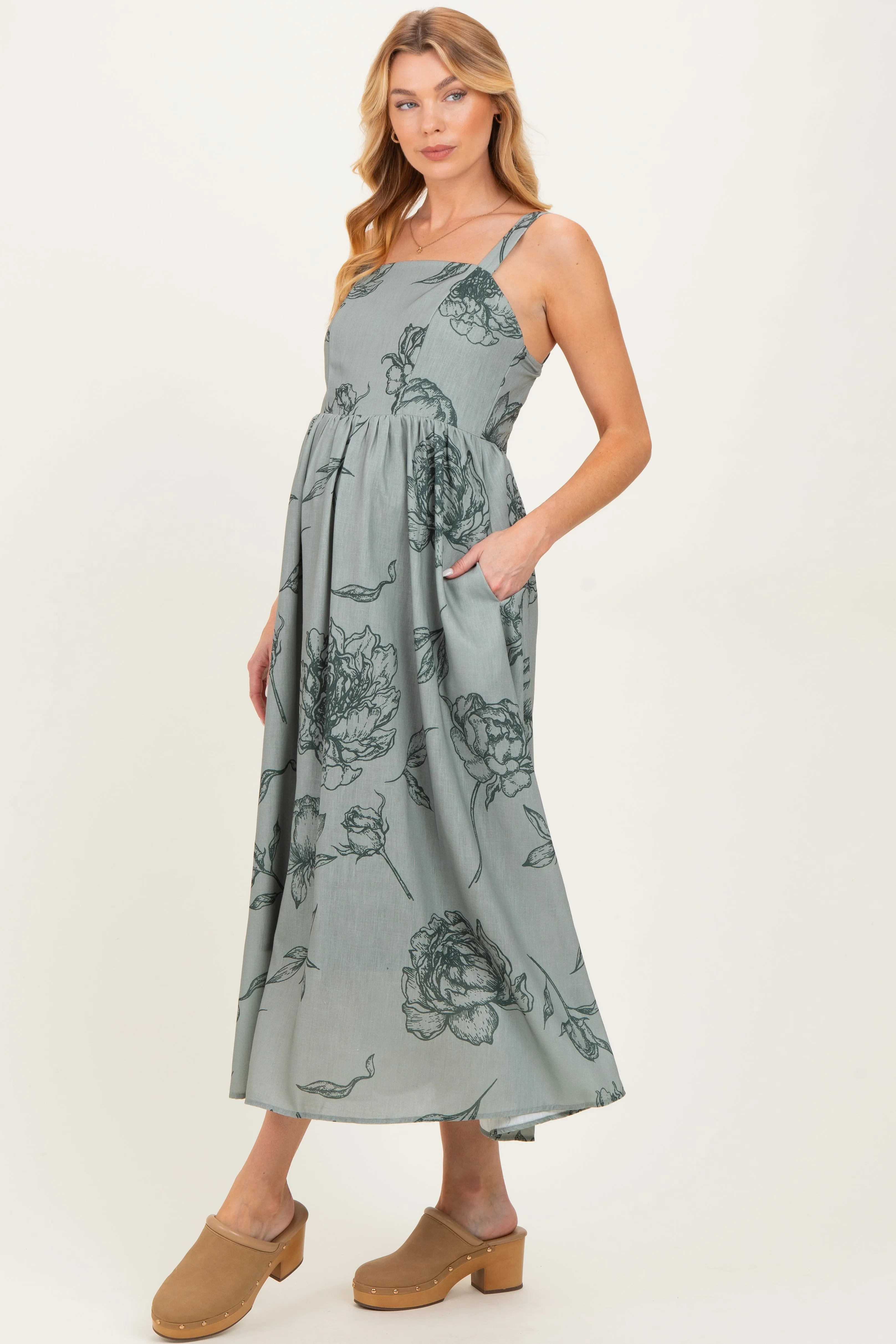 Light Olive Floral Sleeveless Maternity Midi Dress sold by Pinkblush product image thumbnail 3