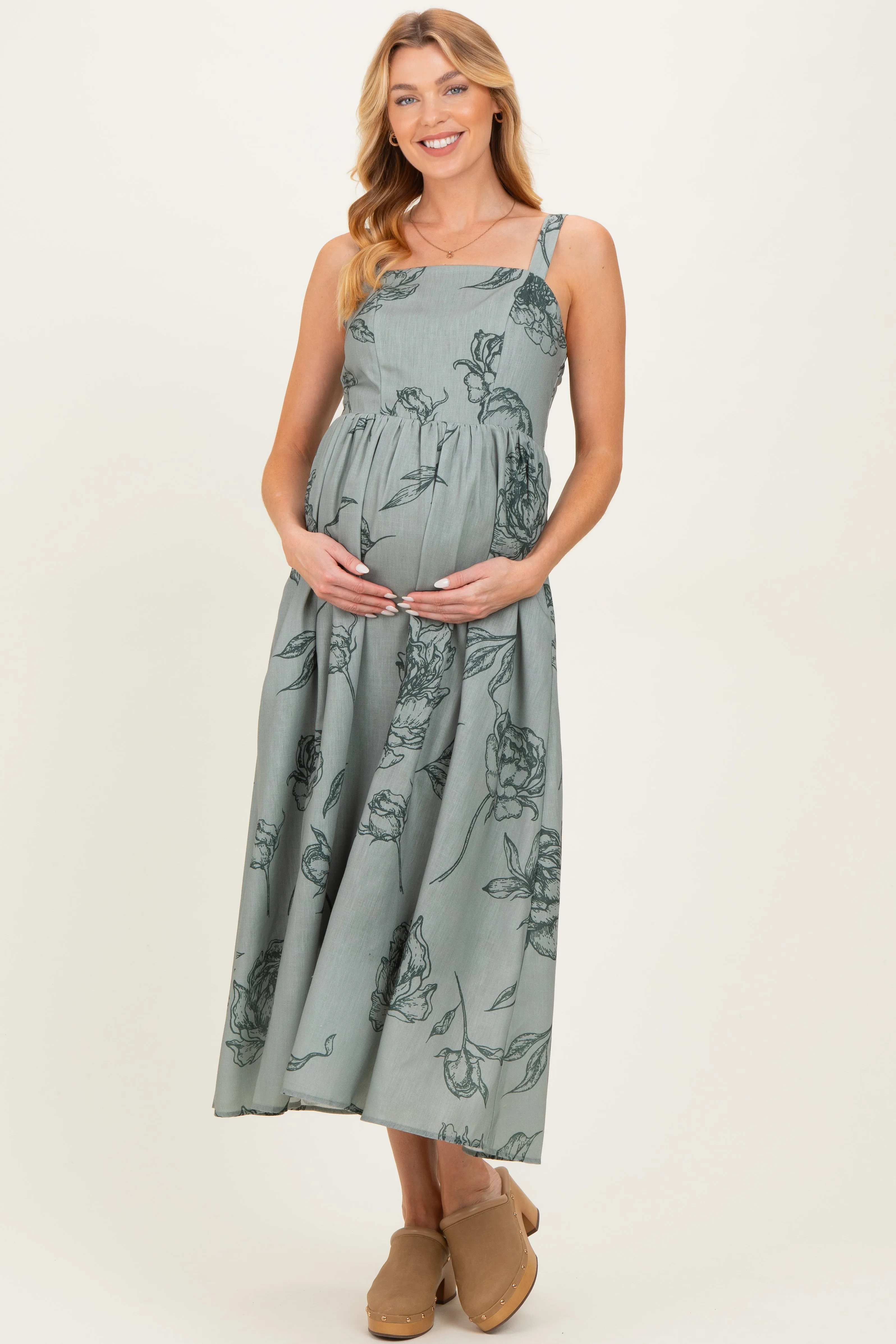 Light Olive Floral Sleeveless Maternity Midi Dress sold by Pinkblush
