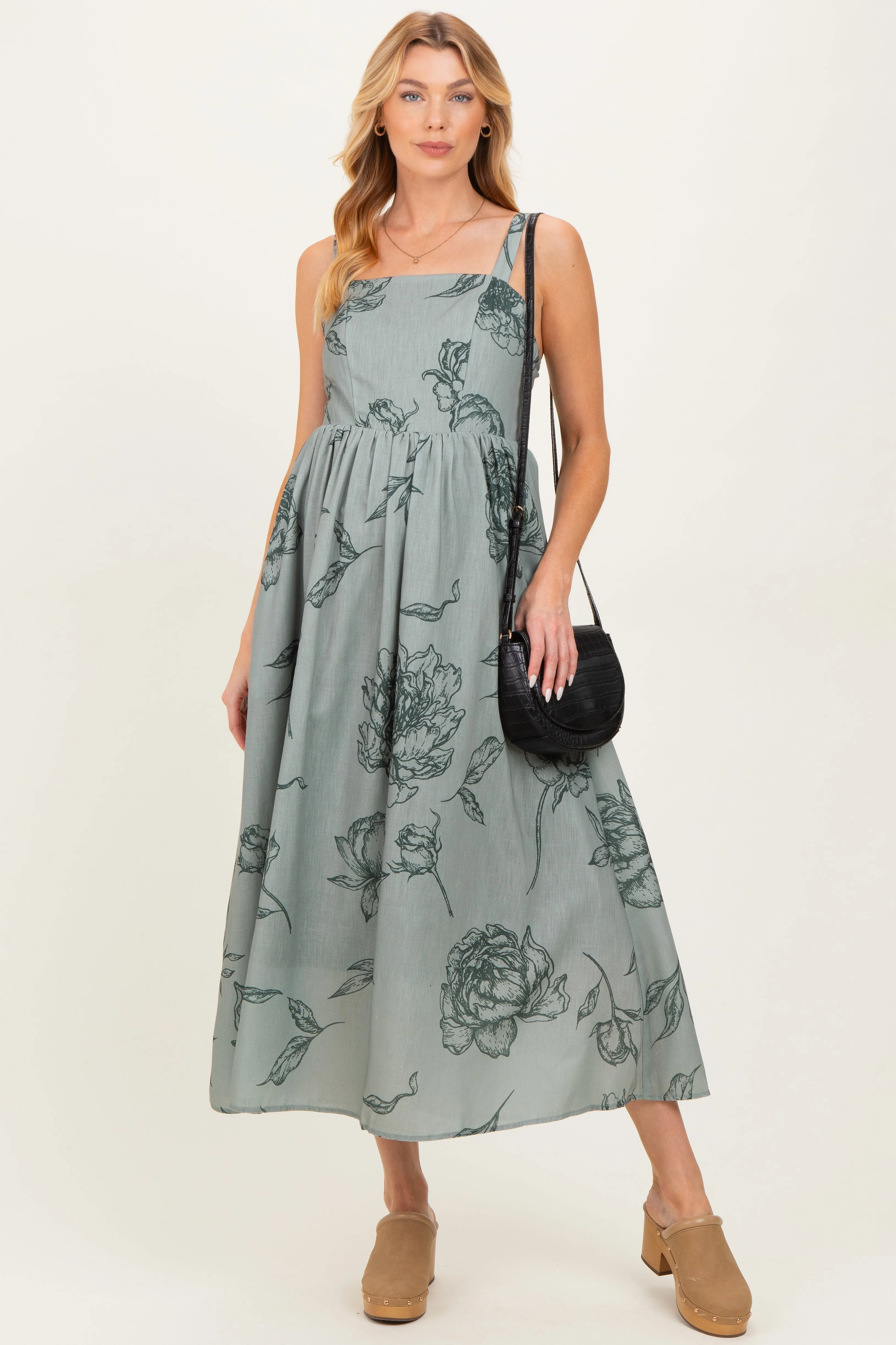 Light Olive Floral Sleeveless Maternity Midi Dress sold by Pinkblush product image thumbnail 2