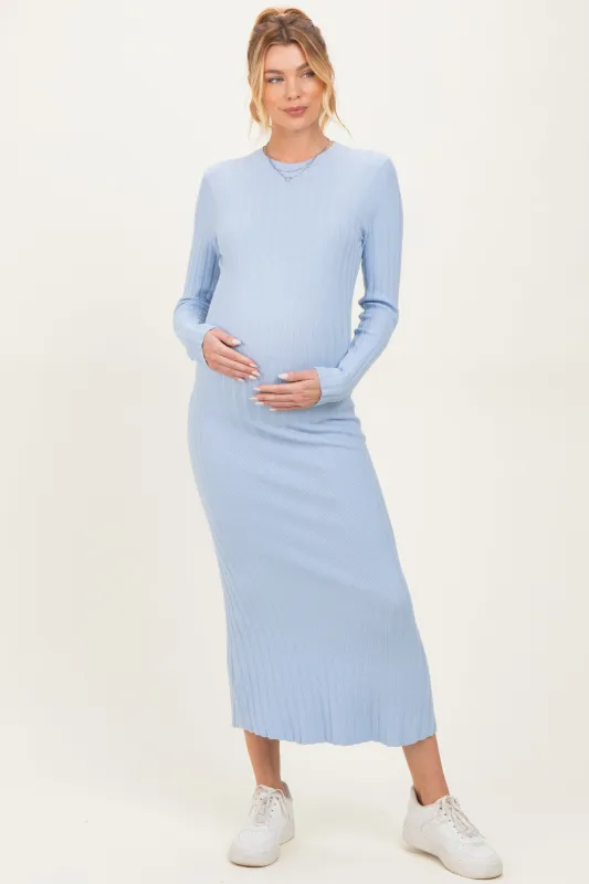 Light Blue Ribbed Knit Fitted Maternity Midi Sweater Dress sold by Pinkblush