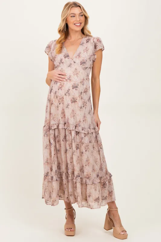 Peach Abstract Print Ruffle Trim Maternity Maxi Dress sold by Pinkblush