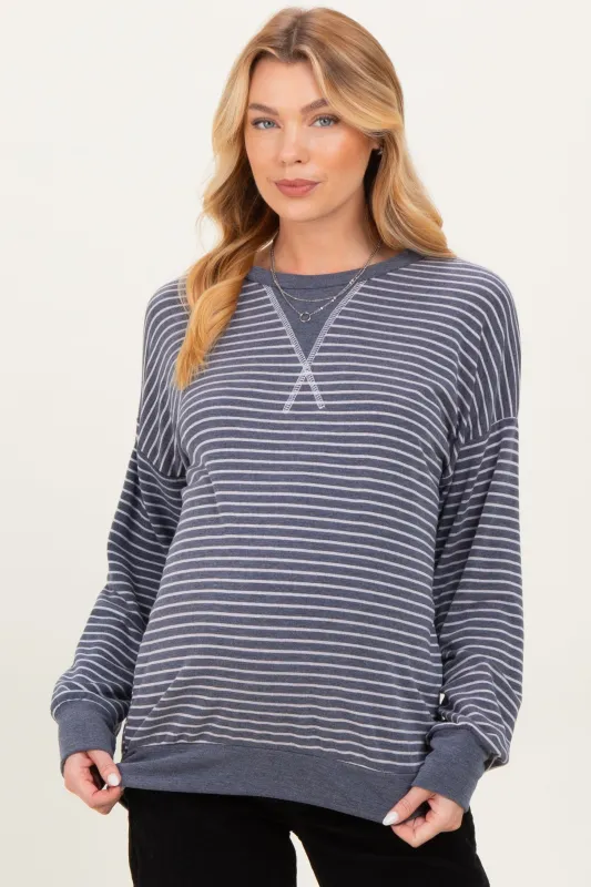 Navy Striped Crew Neck Pullover Maternity Top sold by Pinkblush