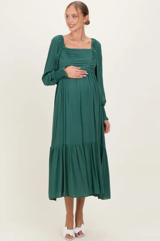 Forest Green Pleated Bodice Long Sleeve Maternity Maxi Dress sold by Pinkblush