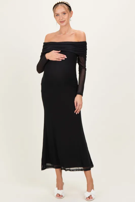 Black Mesh Off Shoulder Long Sleeve Maternity Maxi Dress sold by Pinkblush