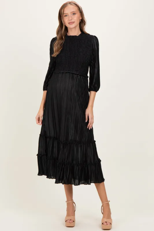 Black Pleated Satin Smocked Bodice Maternity Midi Dress sold by Pinkblush