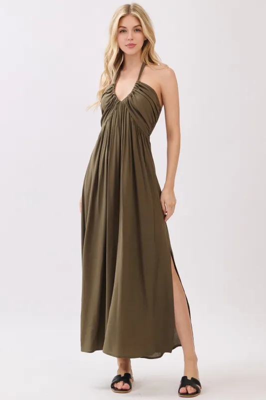 Olive Halter Neck Side Slit Midi Dress sold by Pinkblush