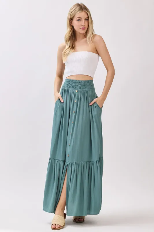 Turquoise Smocked Waist Button Detail Maxi Skirt sold by Pinkblush