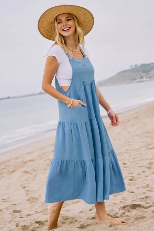 Aqua Blue Button Sling Tiered Maternity Midi Dress sold by Pinkblush