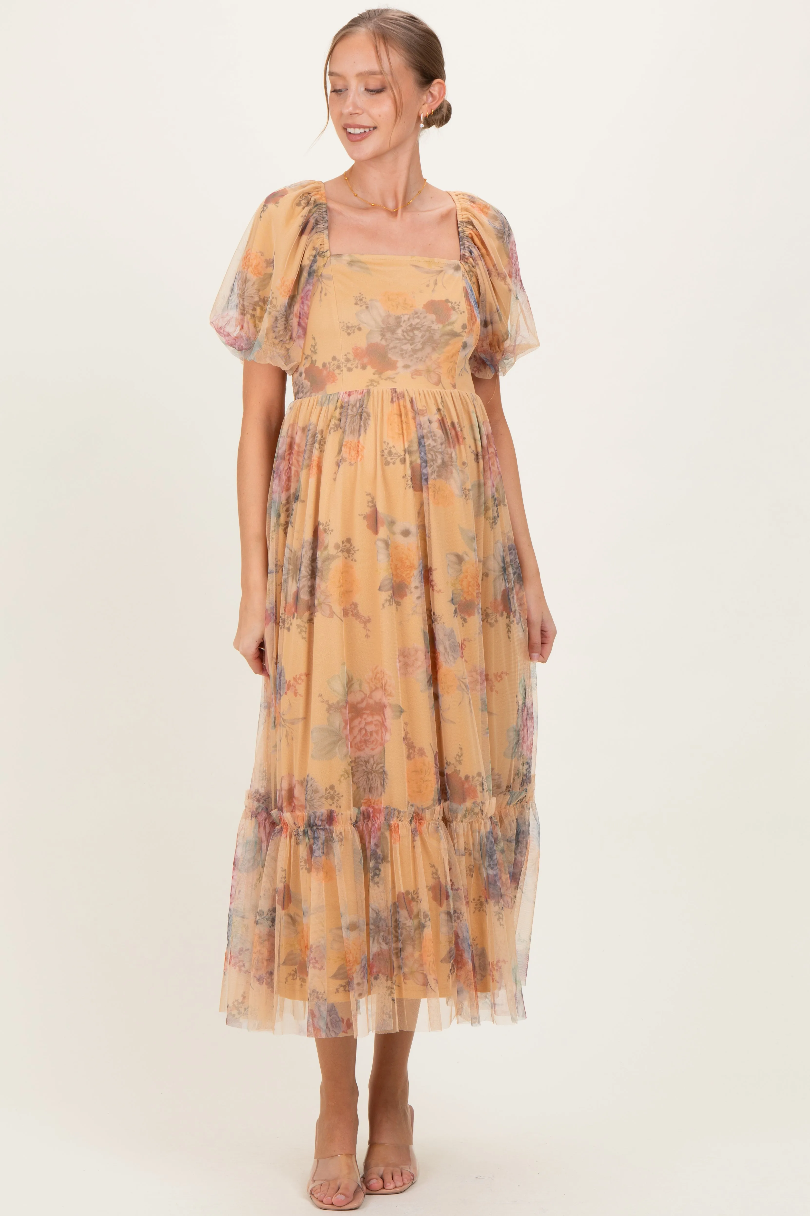 Yellow Floral Tulle Puff Sleeve Maternity Midi Dress sold by Pinkblush product image thumbnail 2