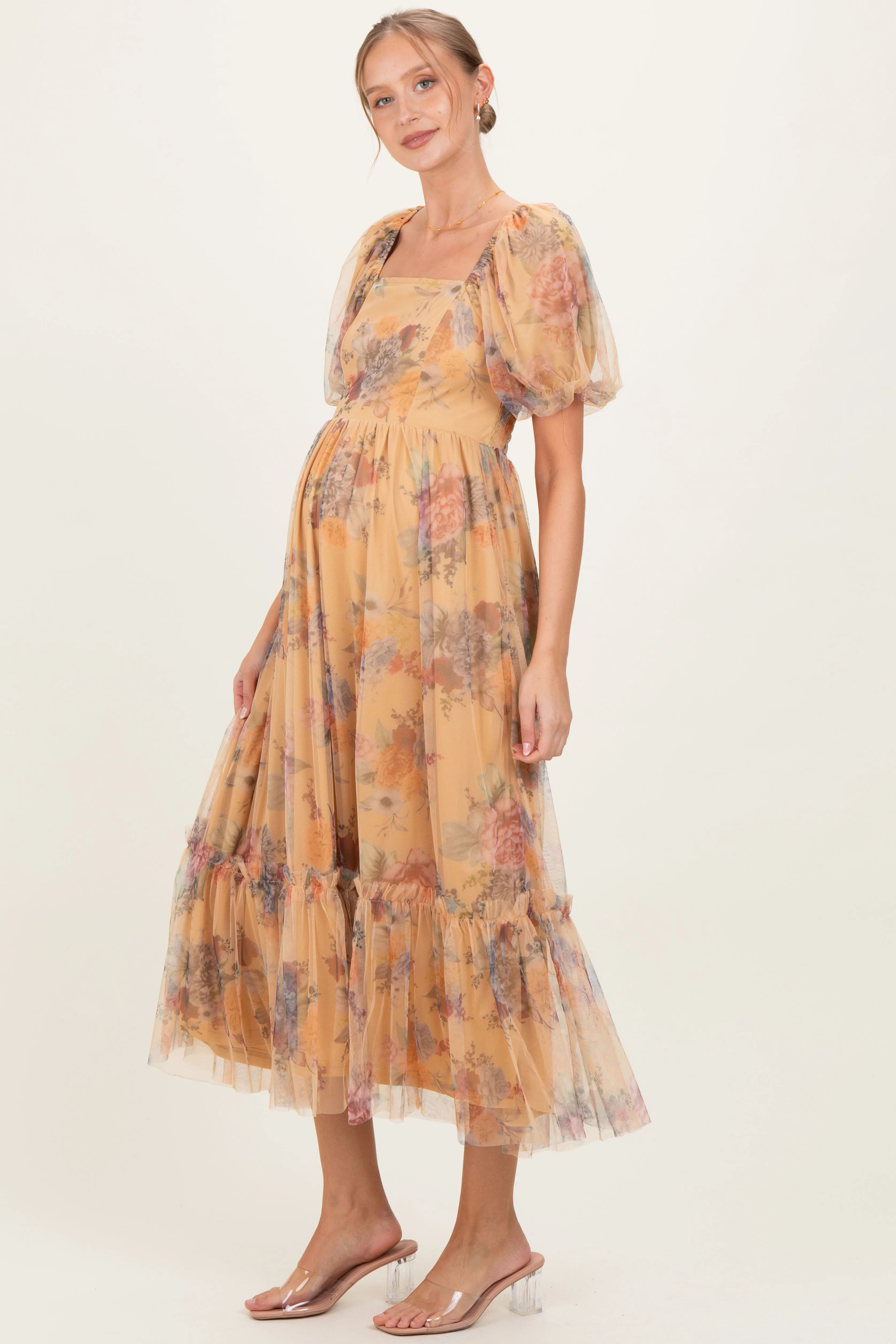 Yellow Floral Tulle Puff Sleeve Maternity Midi Dress sold by Pinkblush product image thumbnail 3