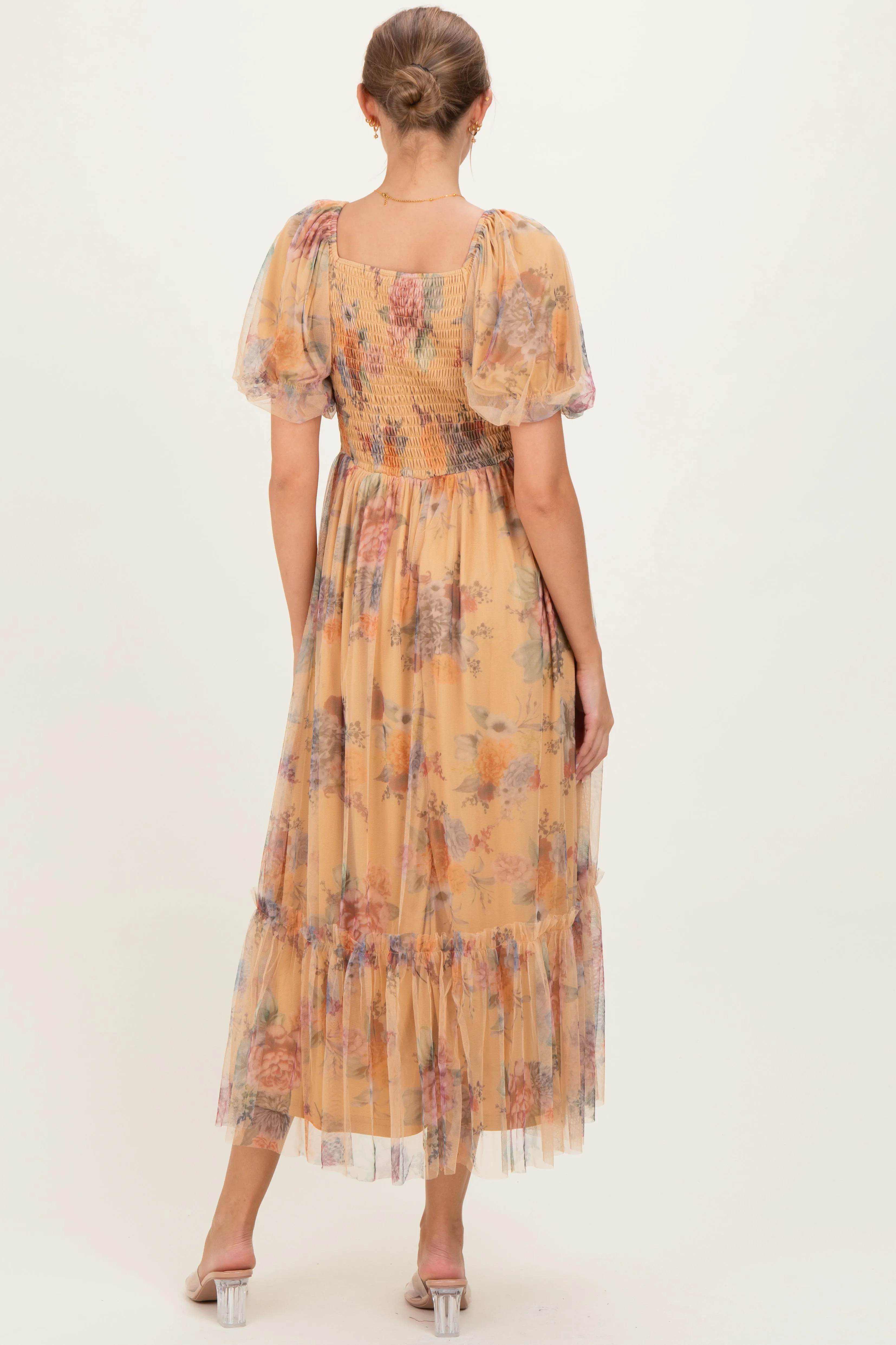 Yellow Floral Tulle Puff Sleeve Maternity Midi Dress sold by Pinkblush product image thumbnail 4