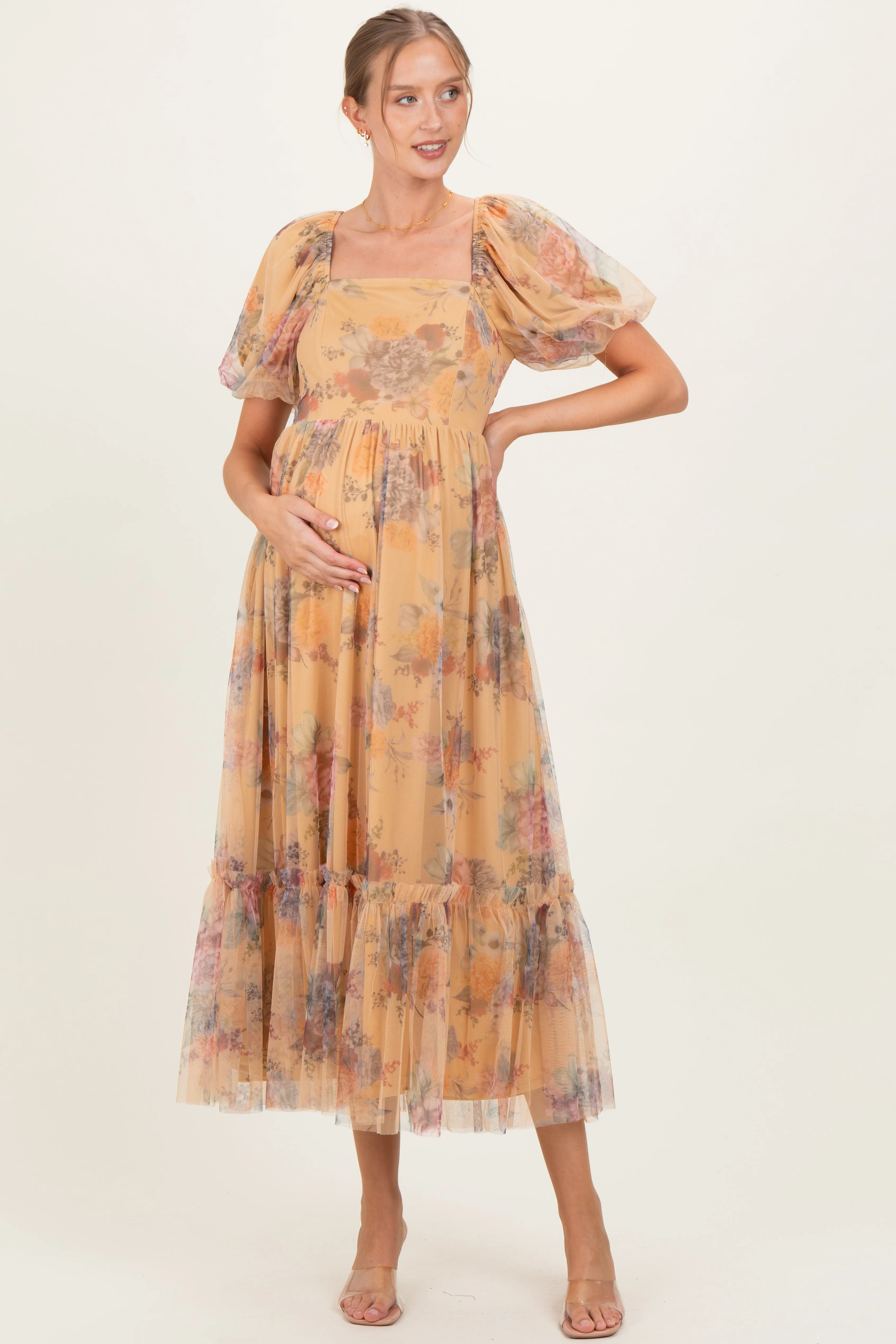 Yellow Floral Tulle Puff Sleeve Maternity Midi Dress sold by Pinkblush
