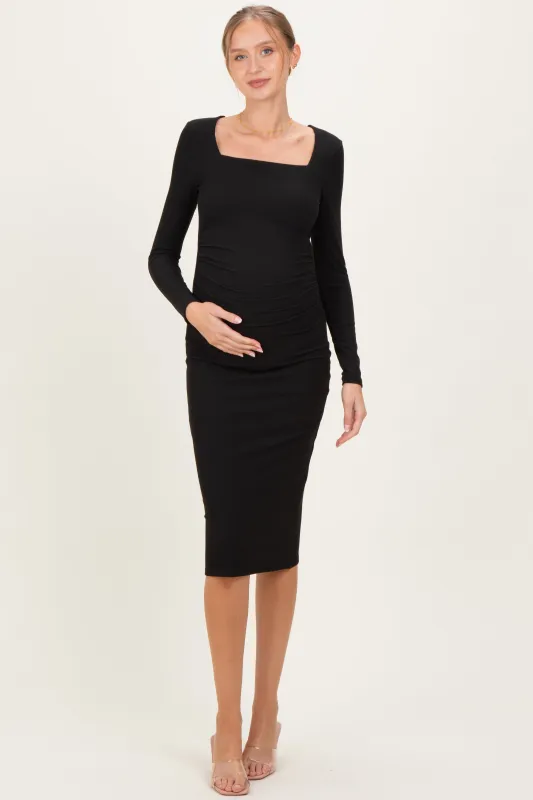 Black Ribbed Ruched Maternity Midi Dress sold by Pinkblush