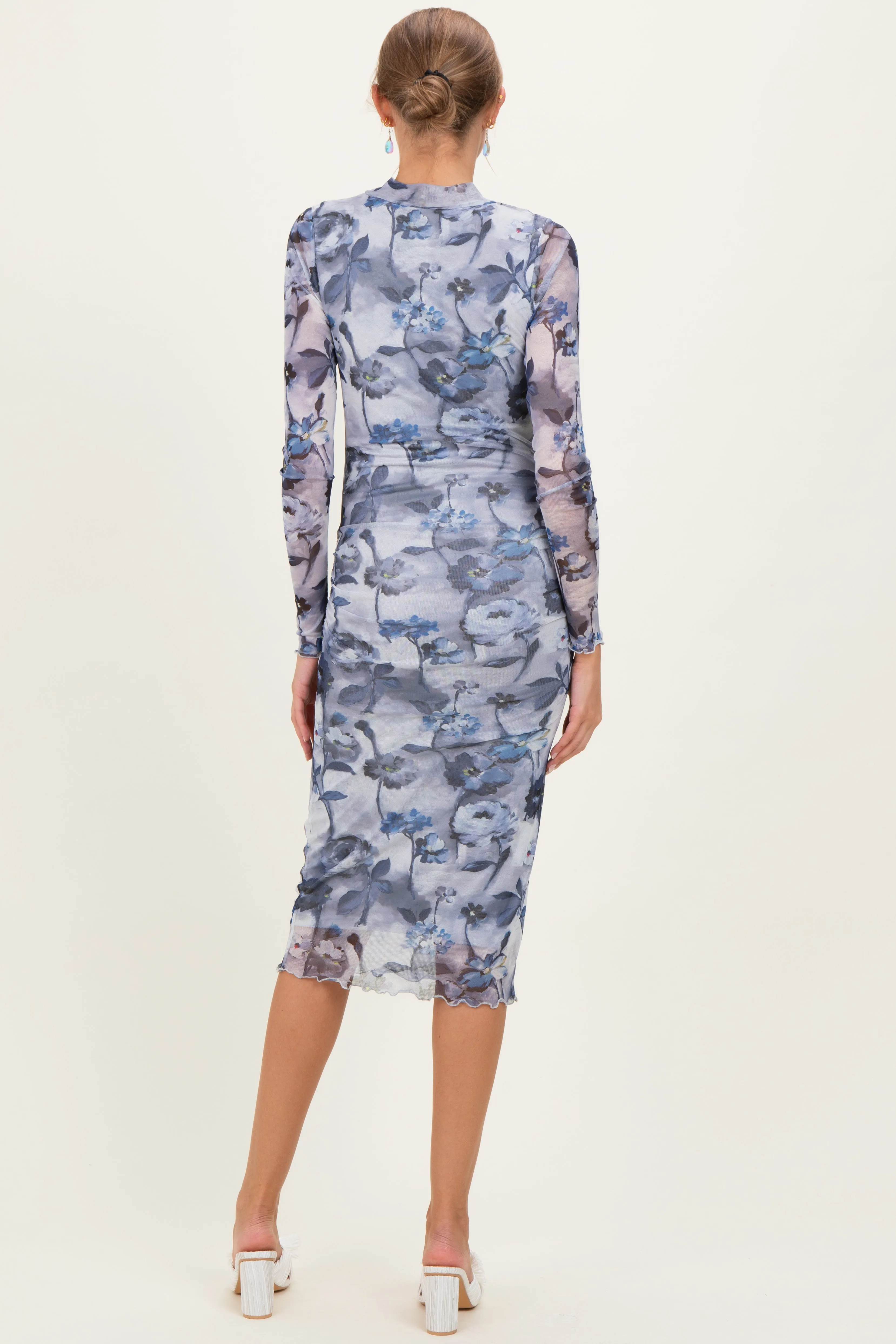 Blue Floral Mesh Long Sleeve Maternity Midi Dress sold by Pinkblush product image thumbnail 4