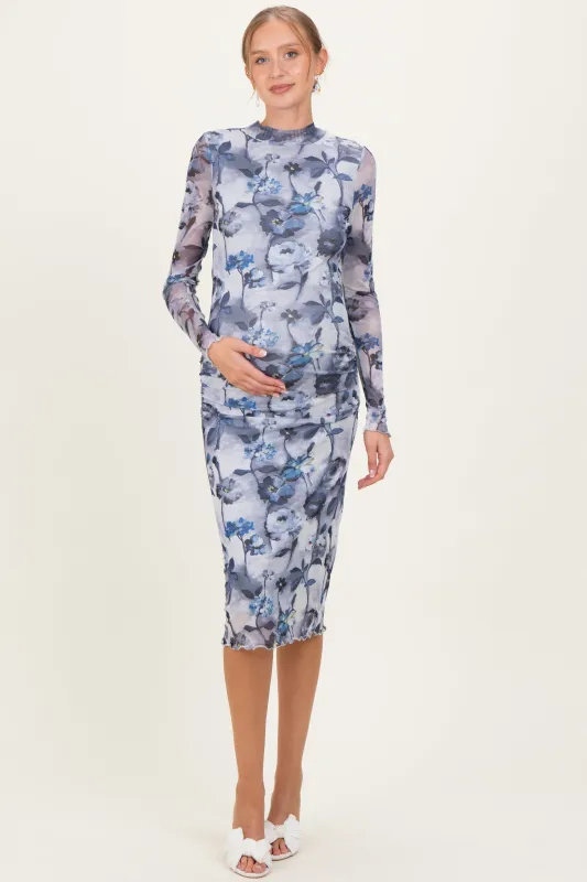 Blue Floral Mesh Long Sleeve Maternity Midi Dress sold by Pinkblush