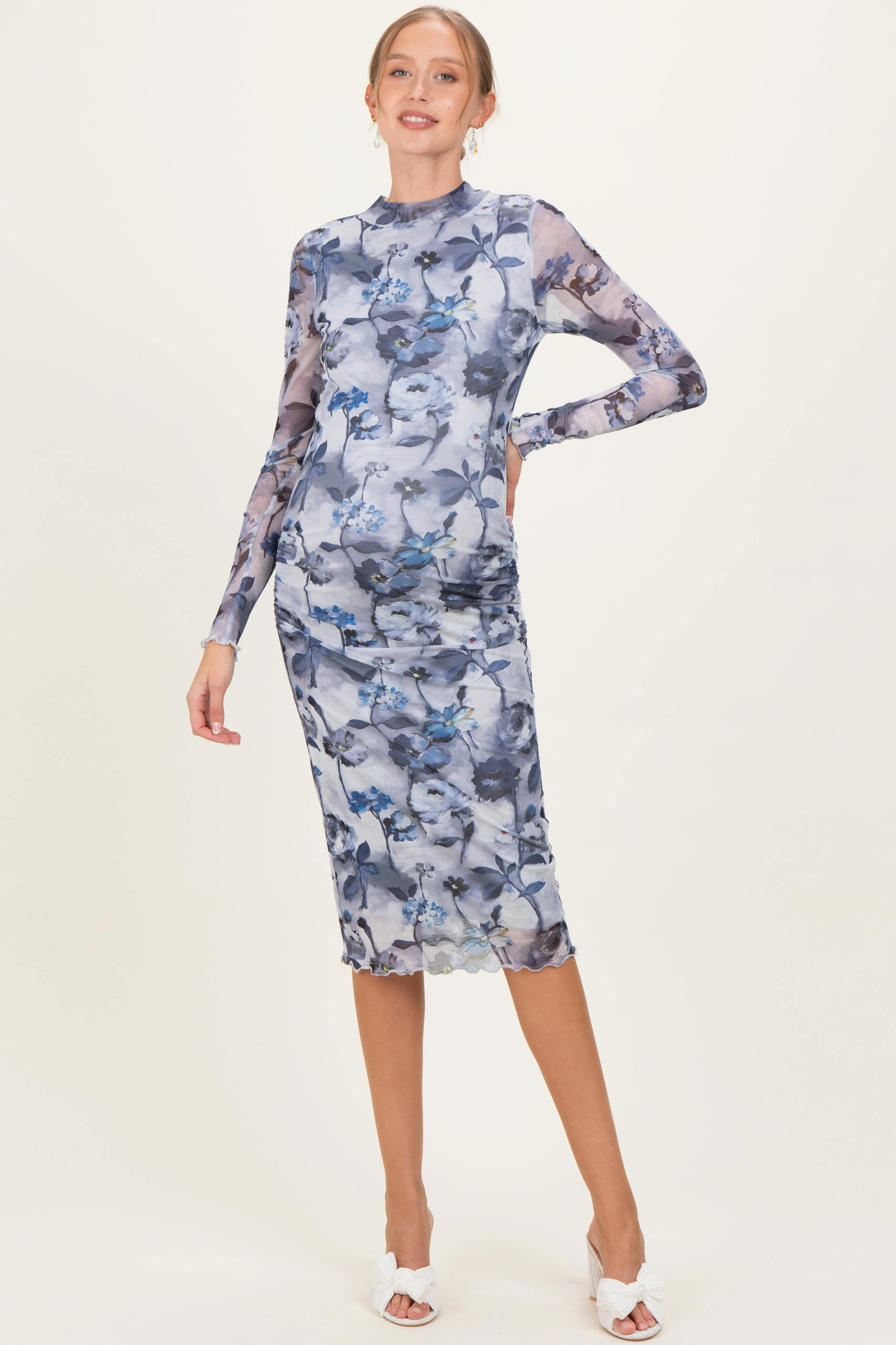 Blue Floral Mesh Long Sleeve Maternity Midi Dress sold by Pinkblush product image thumbnail 2