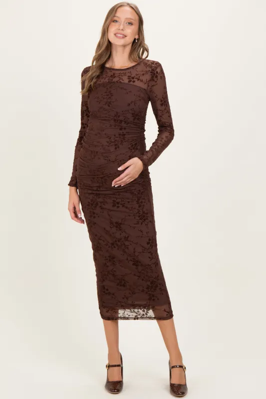 Brown Floral Flocked Mesh Long Sleeve Maternity Midi Dress sold by Pinkblush
