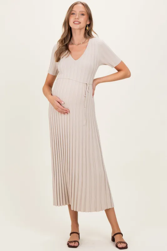 Taupe Ribbed Short Sleeve Maternity Knit Maxi Dress sold by Pinkblush