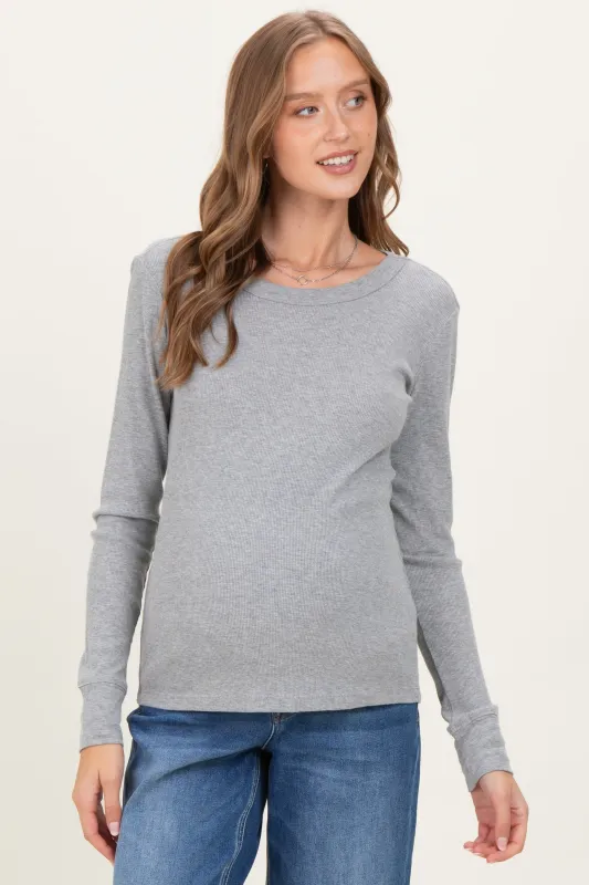 Heather Grey Ribbed Basic Maternity Long Sleeve Top sold by Pinkblush