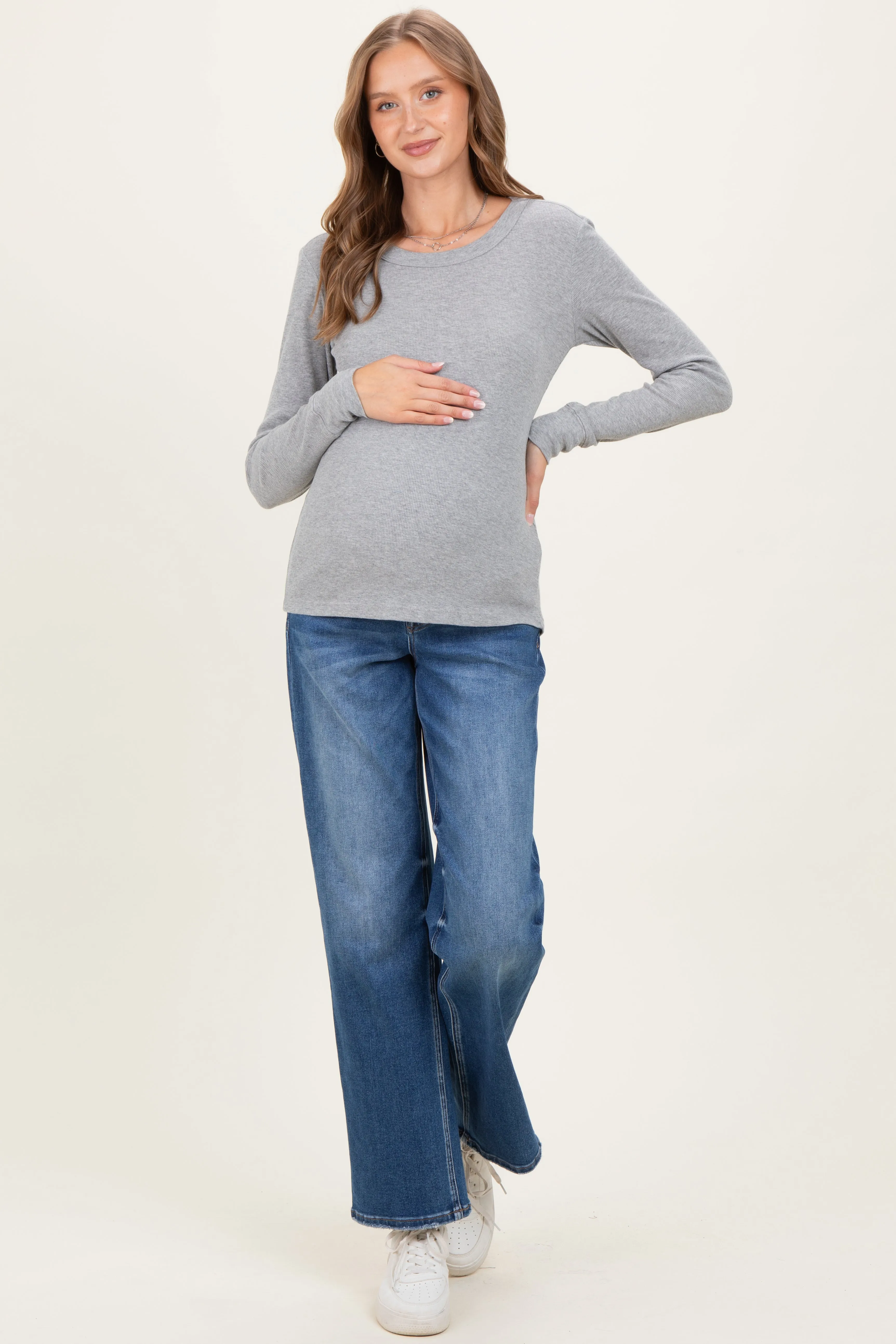 Heather Grey Ribbed Basic Maternity Long Sleeve Top sold by Pinkblush product image thumbnail 2