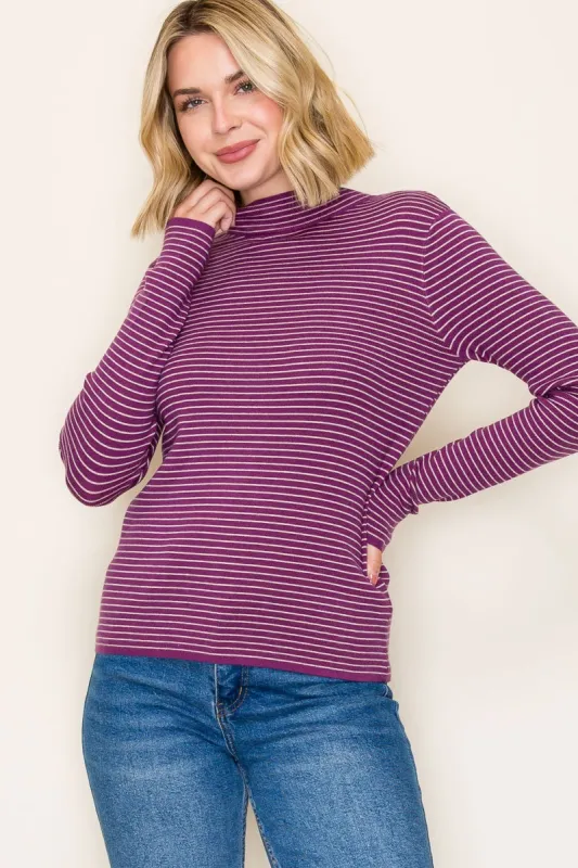Plum Pinstriped Mock Neck Knit Top sold by Pinkblush