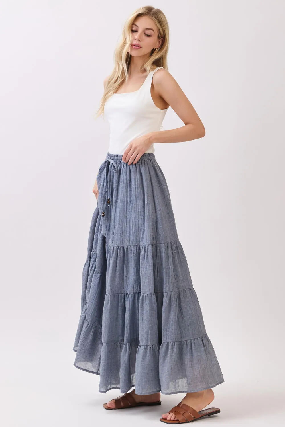 Denim Blue Tiered Drawstring Maxi Skirt sold by Pinkblush product image thumbnail 3