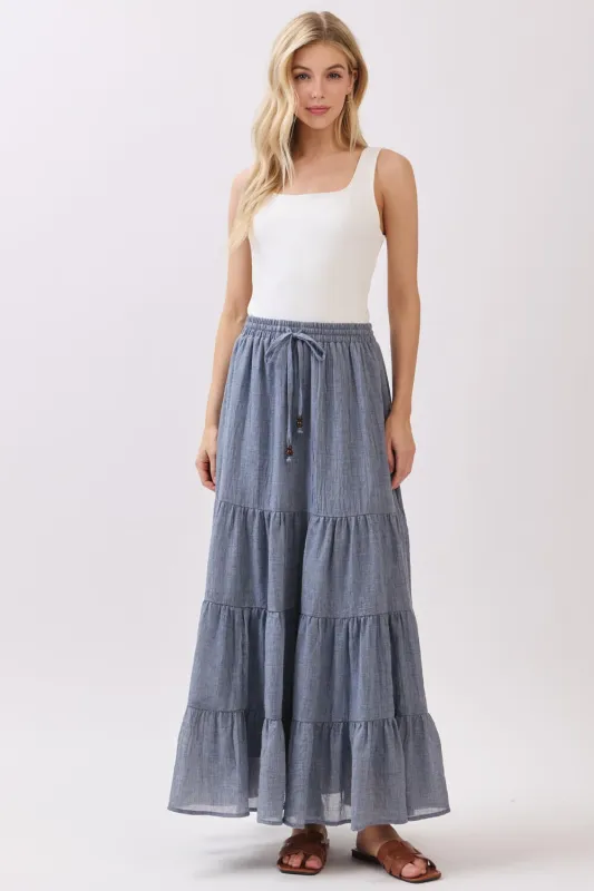 Denim Blue Tiered Drawstring Maxi Skirt sold by Pinkblush