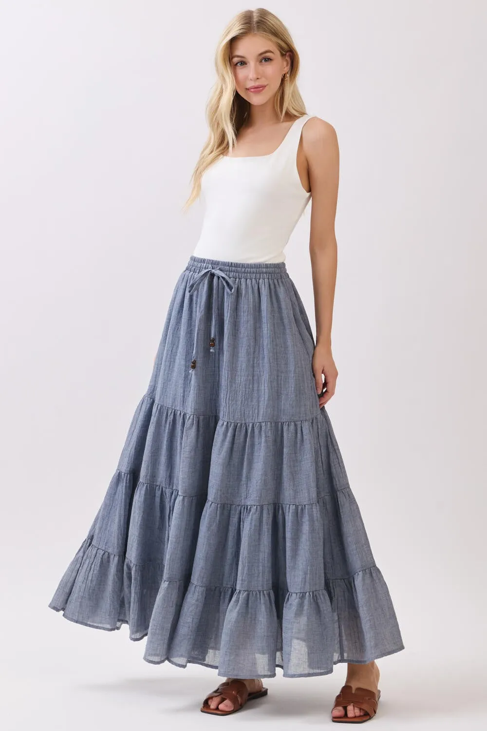 Denim Blue Tiered Drawstring Maxi Skirt sold by Pinkblush product image thumbnail 2