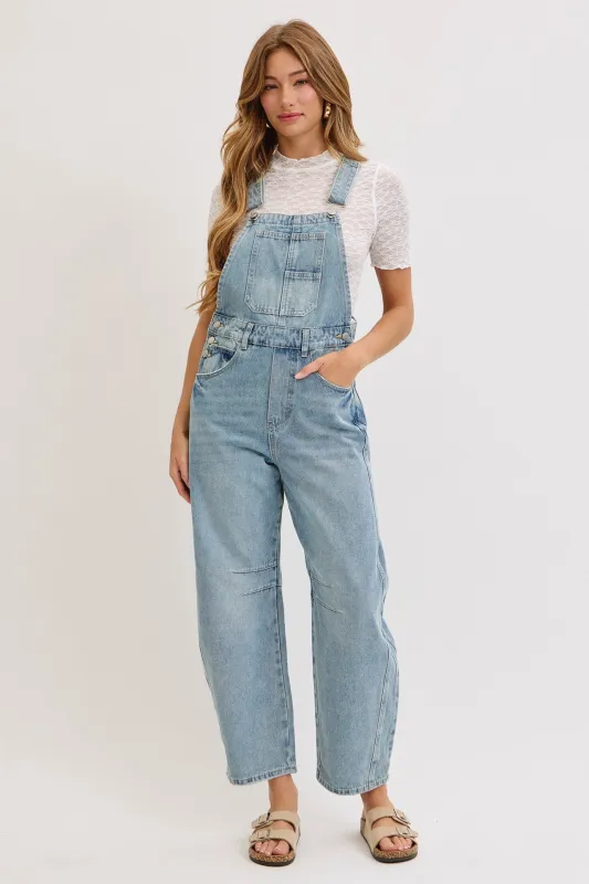 Light Blue Barrel Leg Denim Overalls sold by Pinkblush
