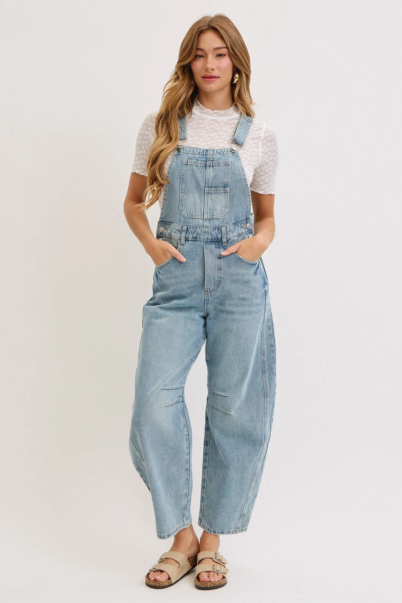 Light Blue Barrel Leg Denim Overalls sold by Pinkblush product image thumbnail 2