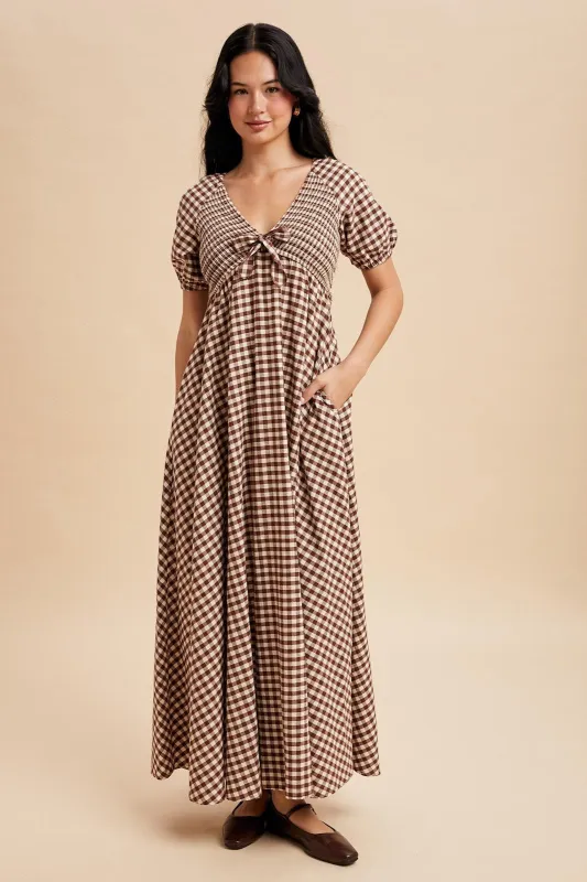Mocha Smocked Gingham Maxi Dress sold by Pinkblush