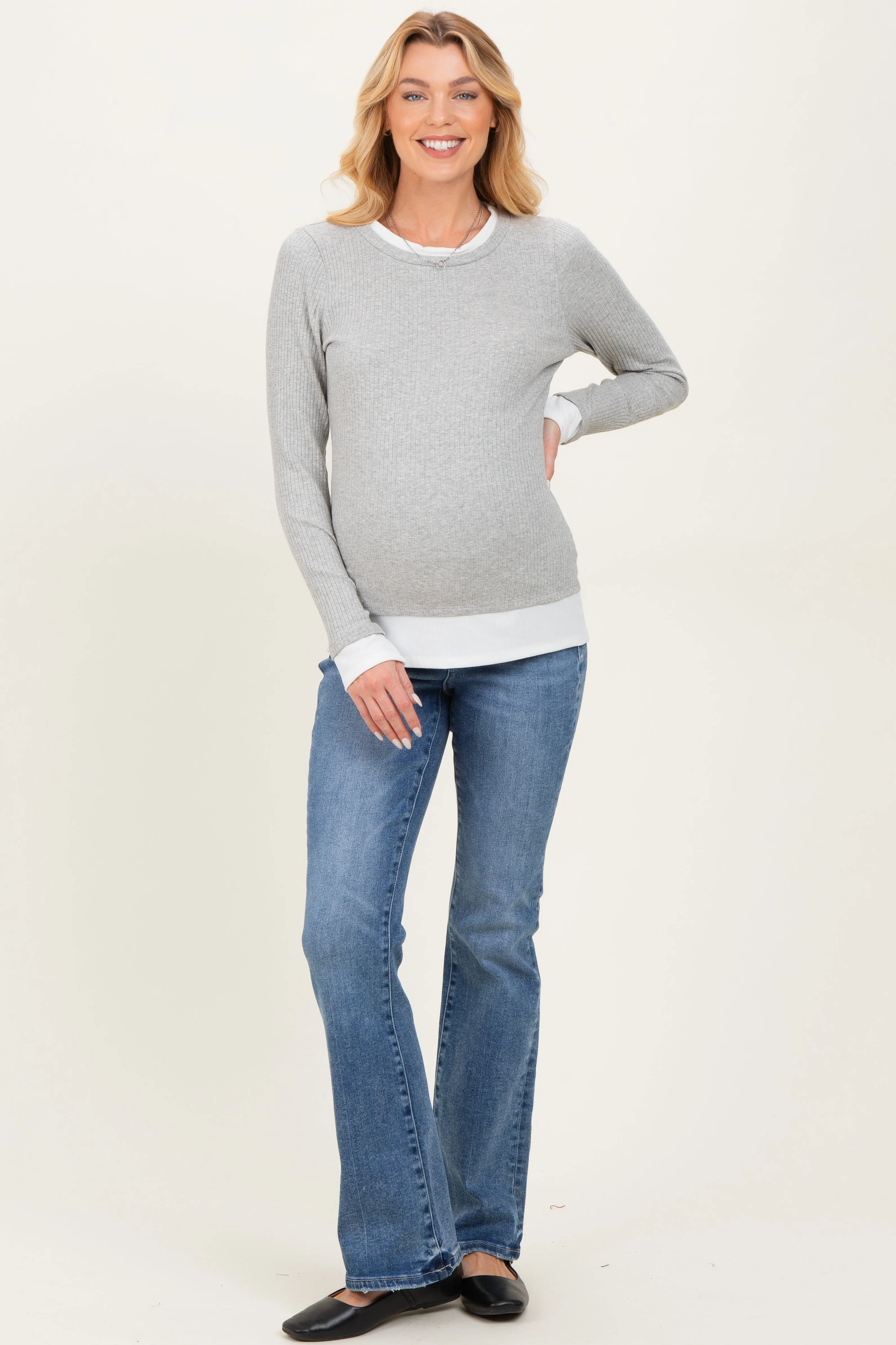 Heather Grey Ribbed Long Sleeve Double Layer Maternity Top sold by Pinkblush product image thumbnail 2