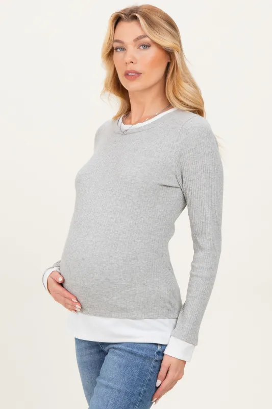 Heather Grey Ribbed Long Sleeve Double Layer Maternity Top sold by Pinkblush