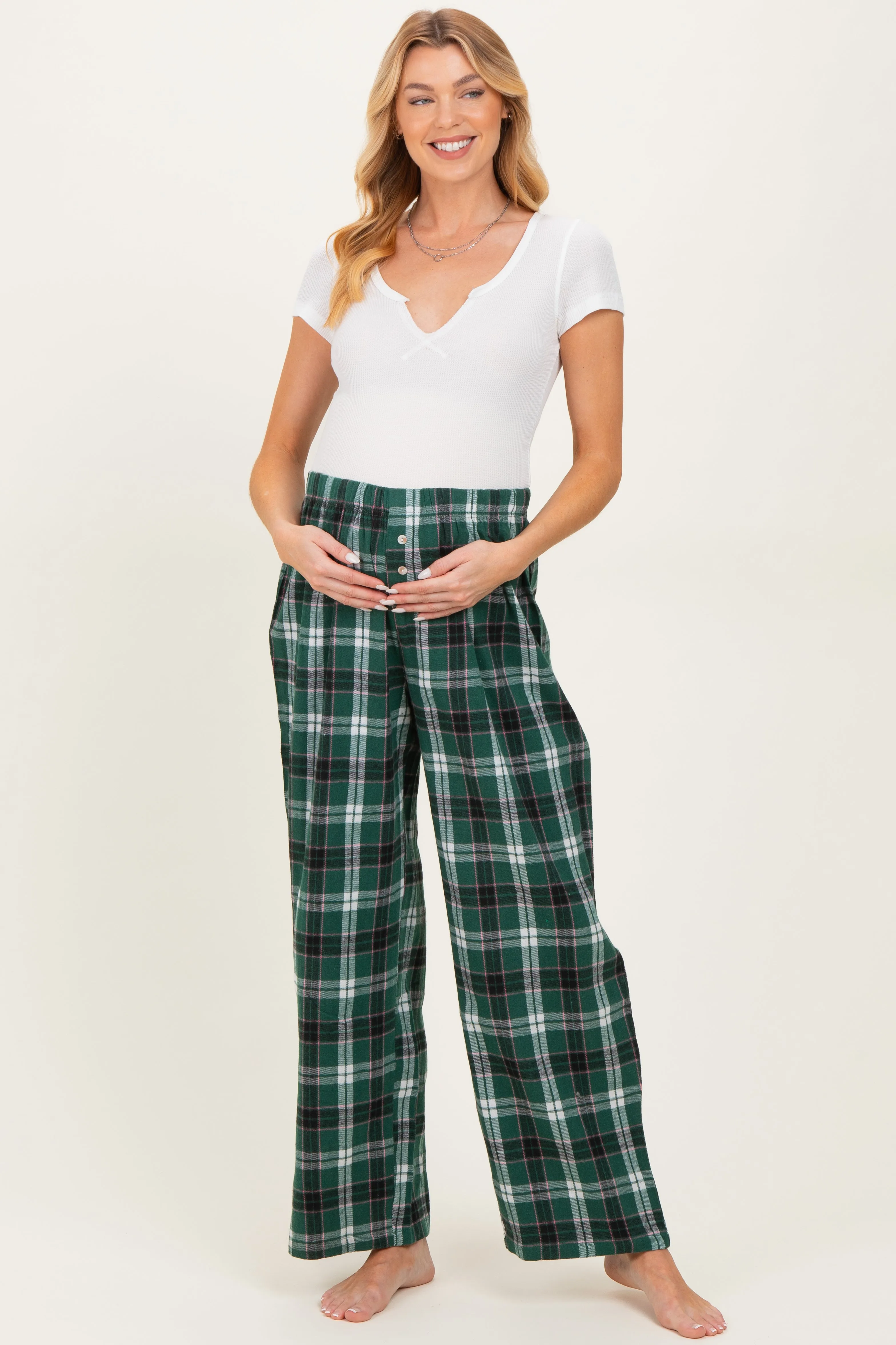 Green Plaid Wide Leg Maternity Lounge Pants sold by Pinkblush