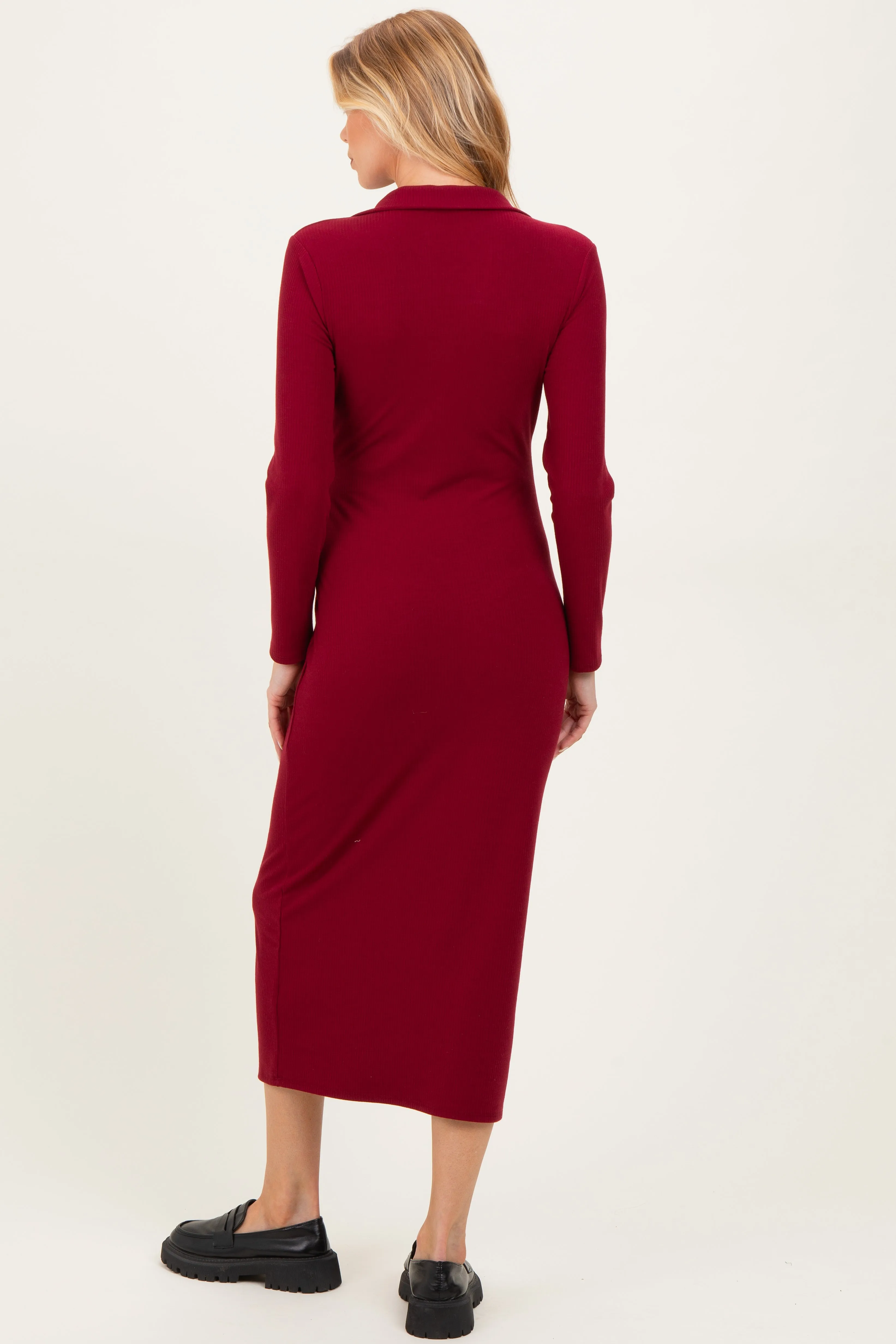 Red Ribbed Collared Long Sleeve Maternity Midi Dress sold by Pinkblush product image thumbnail 3