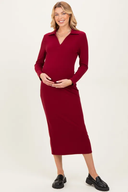 Red Ribbed Collared Long Sleeve Maternity Midi Dress sold by Pinkblush
