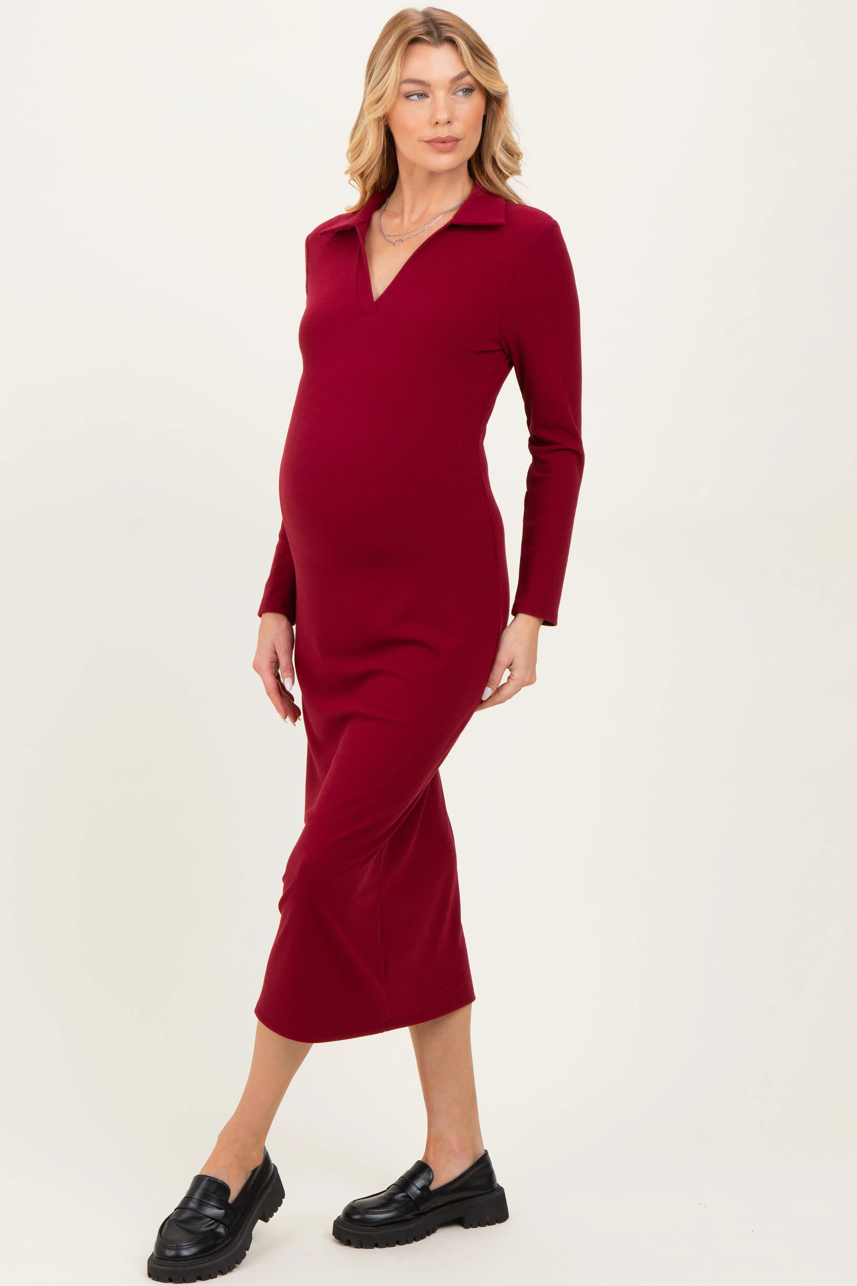 Red Ribbed Collared Long Sleeve Maternity Midi Dress sold by Pinkblush product image thumbnail 2