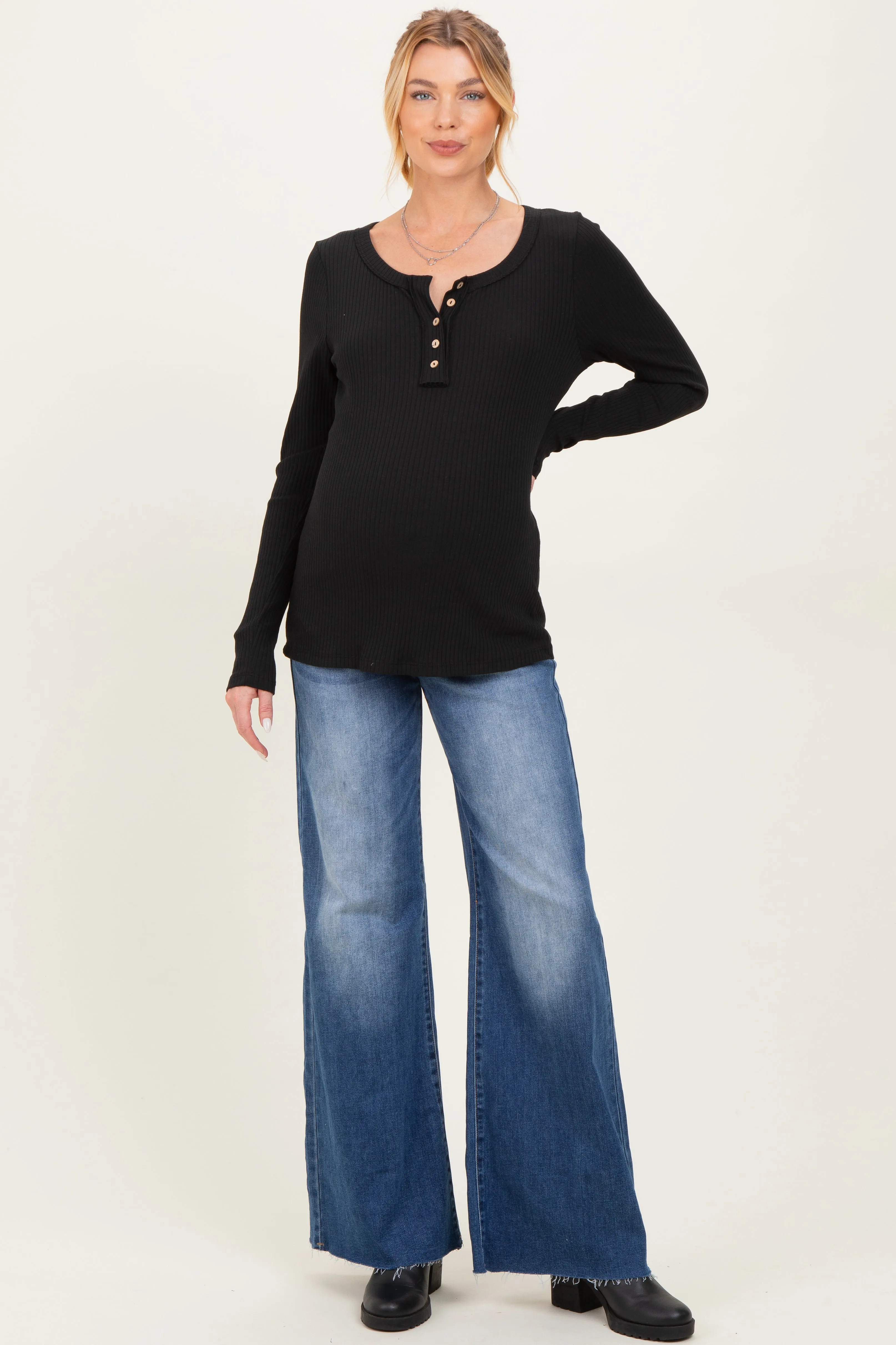 Black Ribbed Long Sleeve Button Town Maternity Top sold by Pinkblush product image thumbnail 2