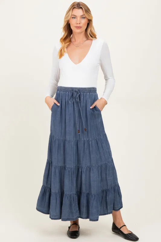 Blue Chambray Tiered Maternity Maxi Skirt sold by Pinkblush