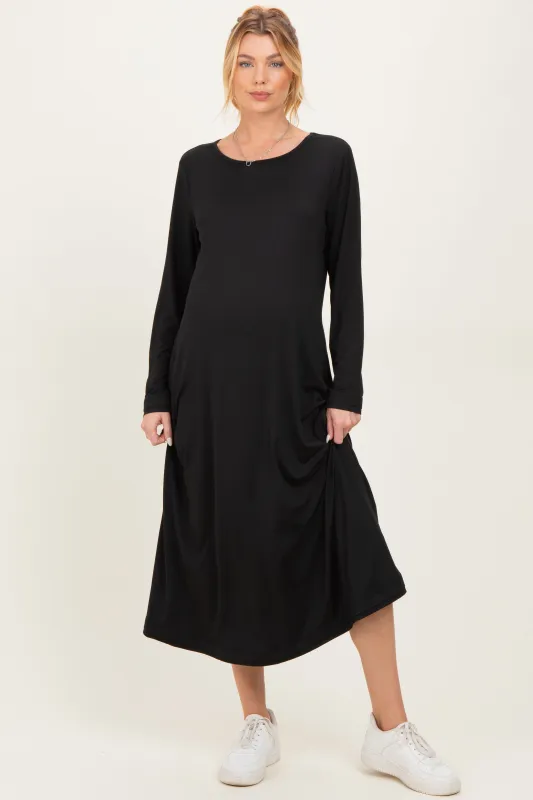 Black Relaxed Fit Long Sleeve Basic Maternity Dress sold by Pinkblush