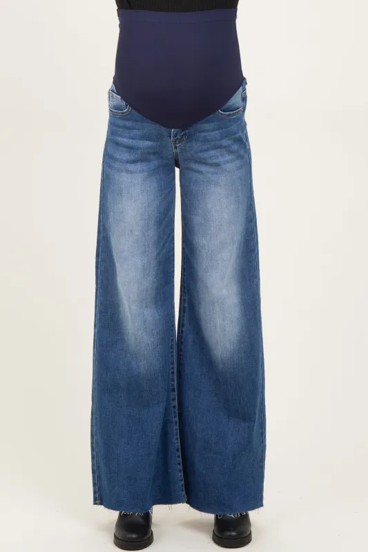 Blue Baggy Raw Hem Wide Leg Maternity Jeans made by Risen