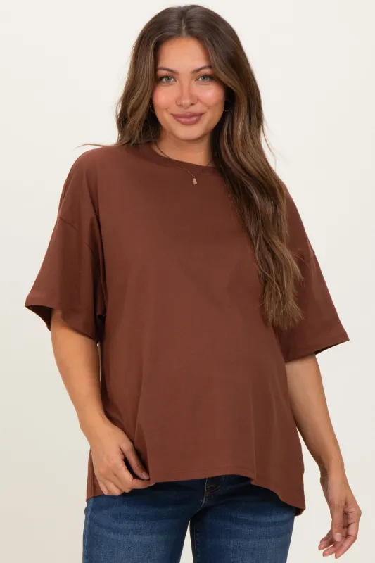 Chestnut Crew Neck Short Sleeve Oversized Maternity T-Shirt sold by Pinkblush