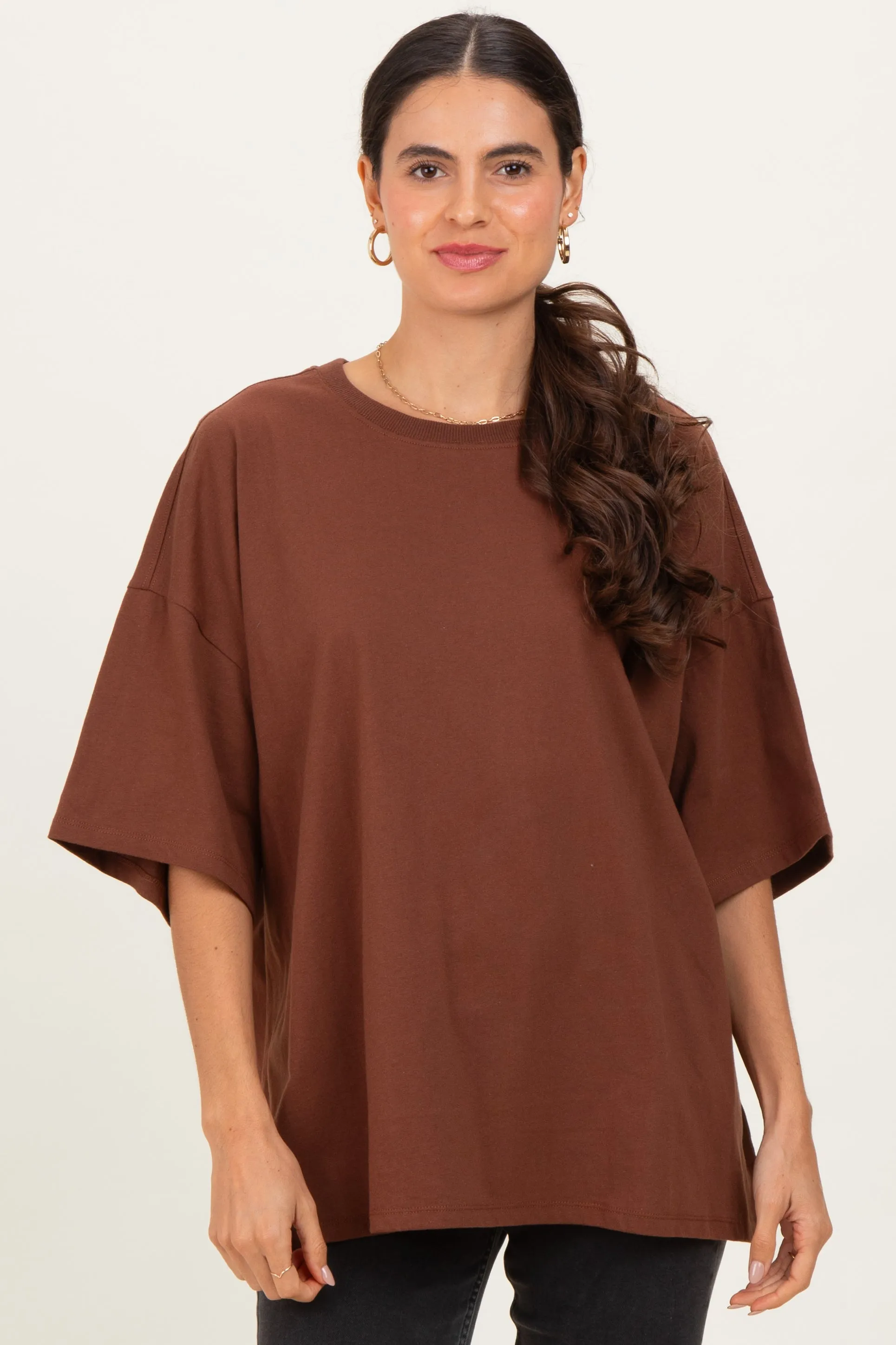 Chestnut Crew Neck Short Sleeve Oversized Maternity T-Shirt sold by Pinkblush product image thumbnail 5
