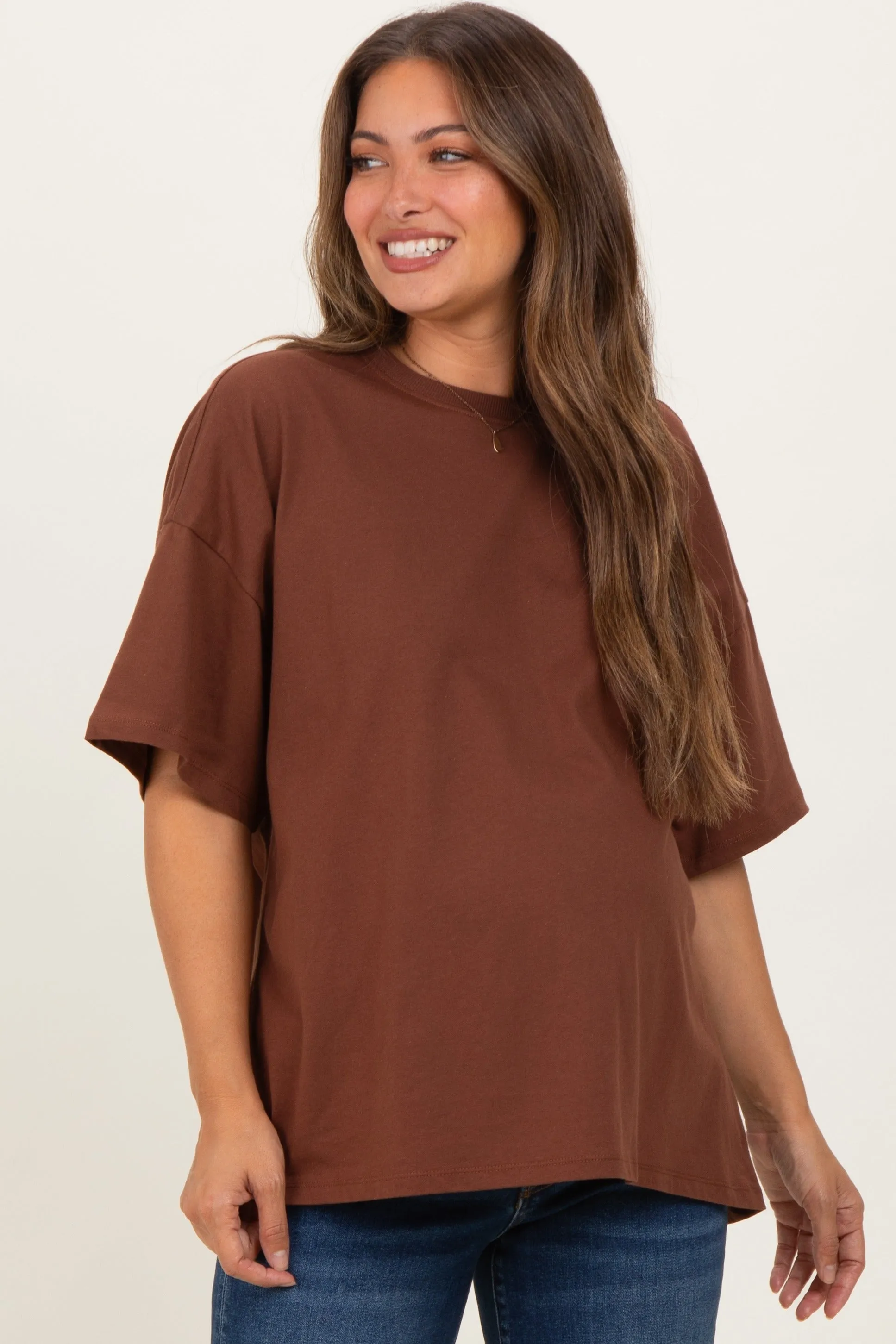 Chestnut Crew Neck Short Sleeve Oversized Maternity T-Shirt sold by Pinkblush product image thumbnail 2