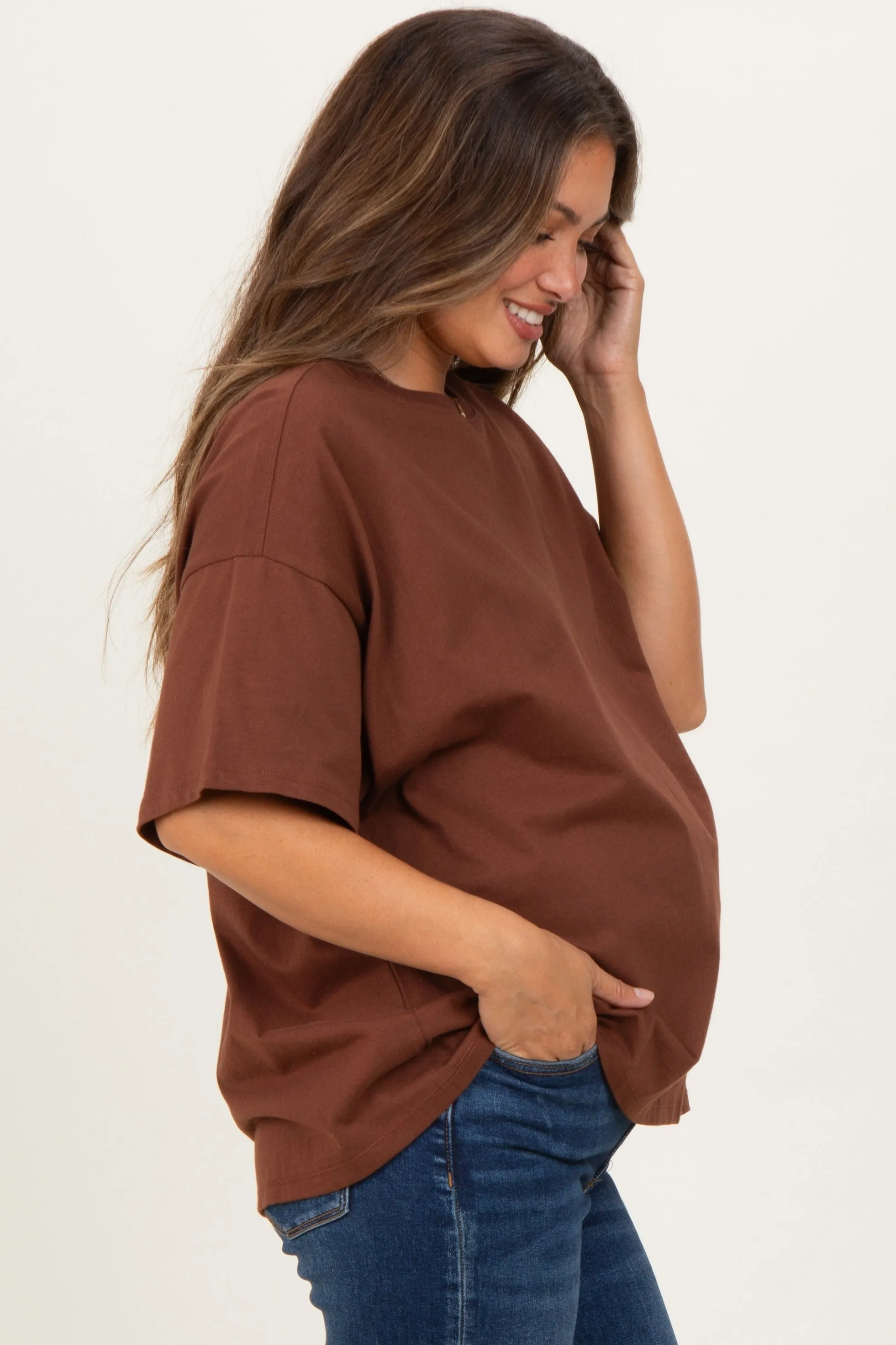 Chestnut Crew Neck Short Sleeve Oversized Maternity T-Shirt sold by Pinkblush product image thumbnail 3