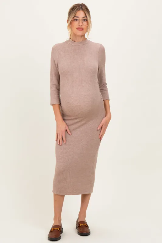 Taupe Ribbed Knit Mock Neck Long Sleeve Ruched Maternity Dress sold by Pinkblush